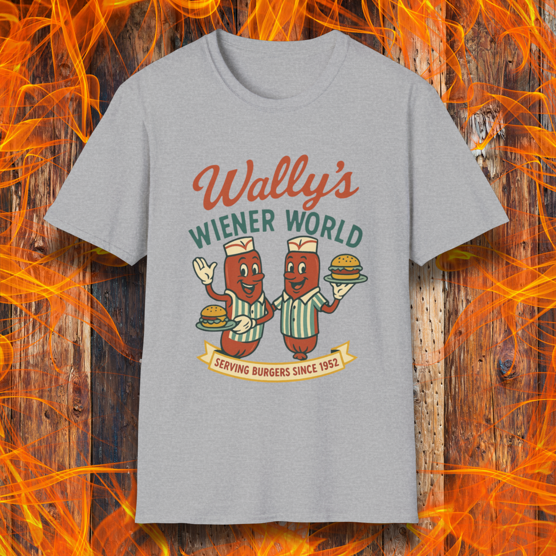 Gray t-shirt with 'Wally's Wiener World' graphic design on a fiery background