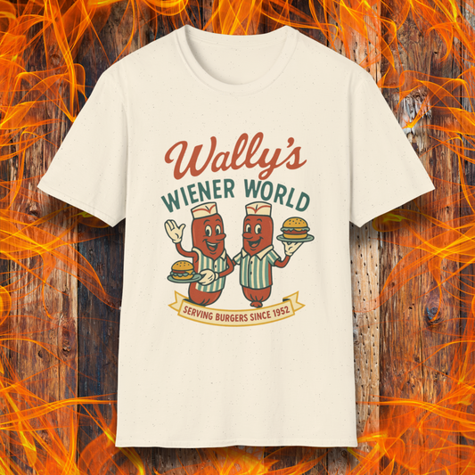 Yellow t-shirt with 'Wally's Wiener World' graphic on a wooden background with flames.