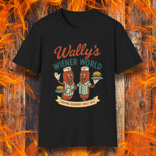 Black t-shirt with 'Wally's Wiener World' graphic design on a wooden background with flames.
