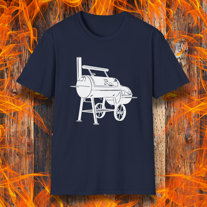 Navy blue t-shirt with white barbecue grill graphic on a wooden background with flames.