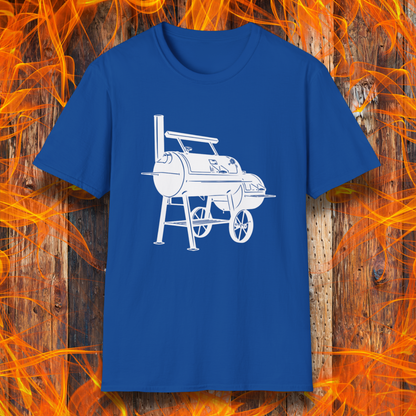 Blue t-shirt with white barbecue graphic on a wooden background with flames