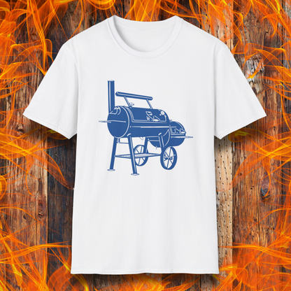 White t-shirt with blue barbecue graphic on a wooden background with flames