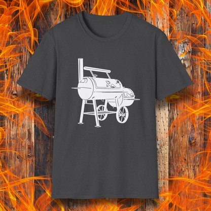 Dark Grey t-shirt with white barbecue grill graphic on a wooden background with flames