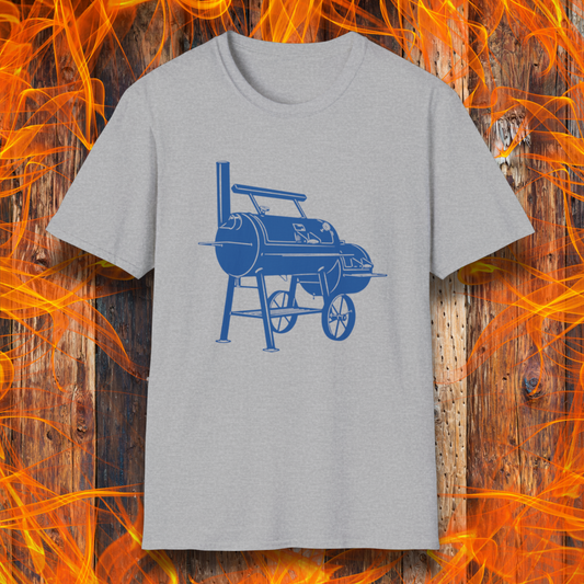 Gray t-shirt with blue barbecue graphic on a wooden background with flames