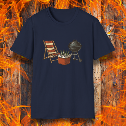 Navy blue t-shirt with a graphic of a grill, chair, and cooler on a wooden background with flames.
