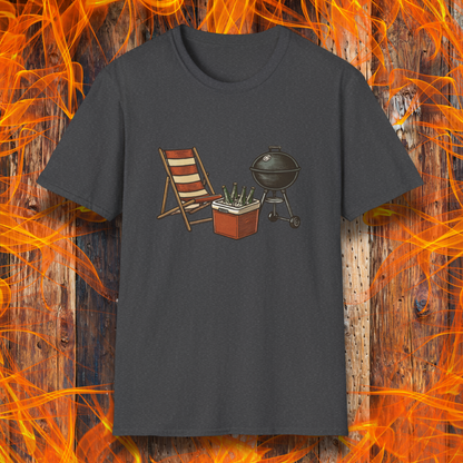 Dark Grey t-shirt with a graphic of a deck chair, cooler, and grill on a wooden background with flames.
