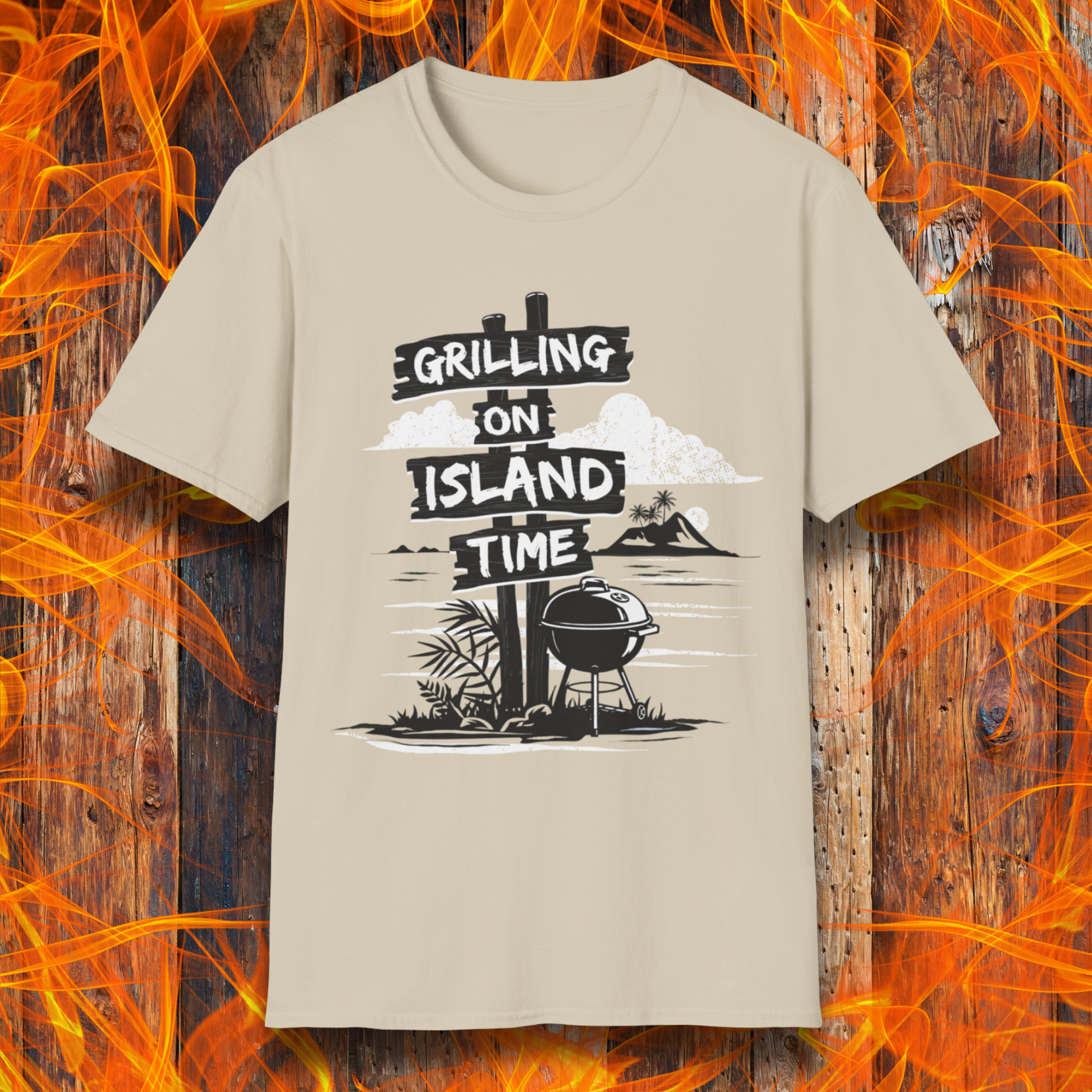 Beige t-shirt with 'Grilling on Island Time' graphic design on a wooden background with flames.