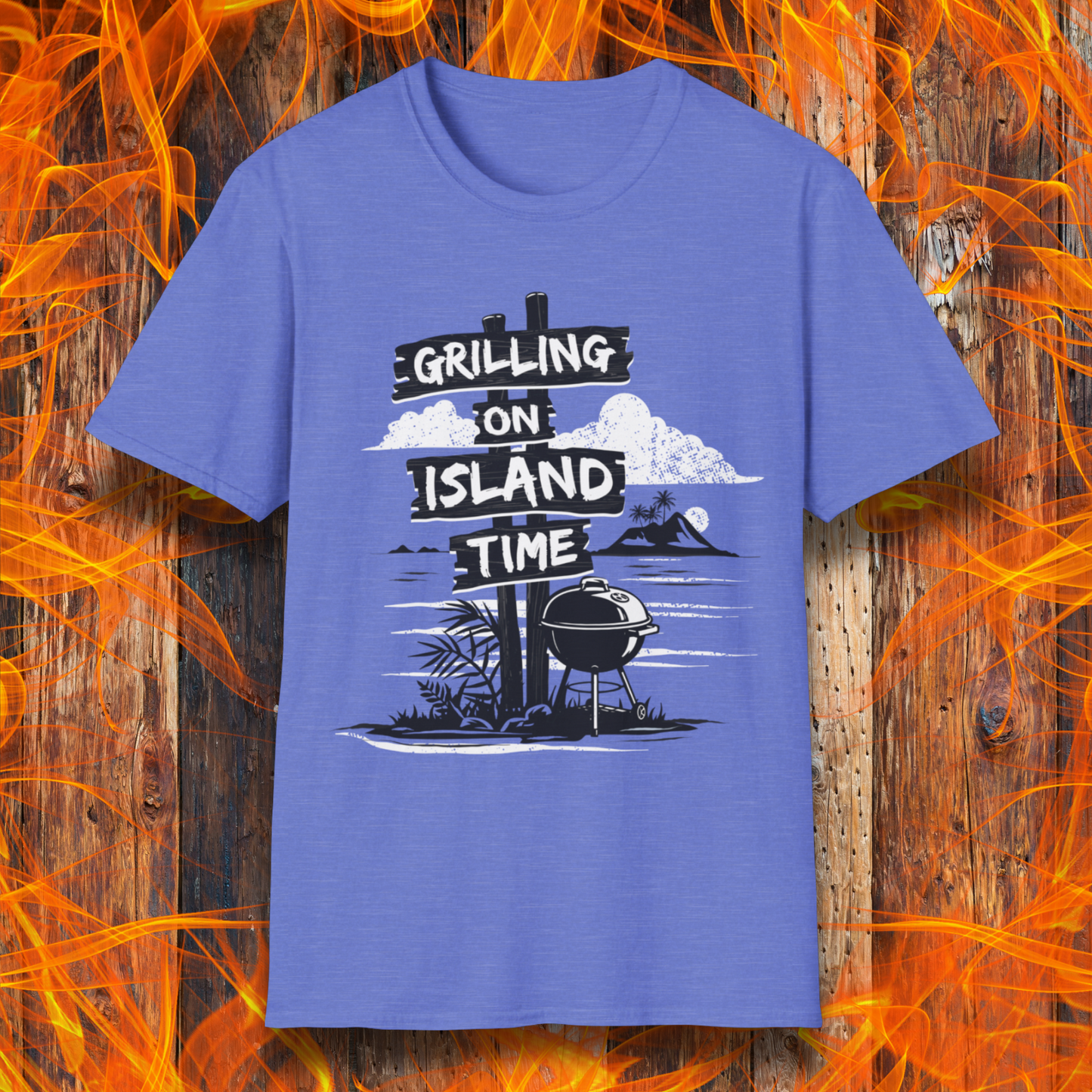 Blue t-shirt with 'Grilling on Island Time' graphic design on a wooden background with flames.