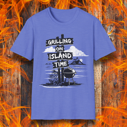 Blue t-shirt with 'Grilling on Island Time' graphic design on a wooden background with flames.