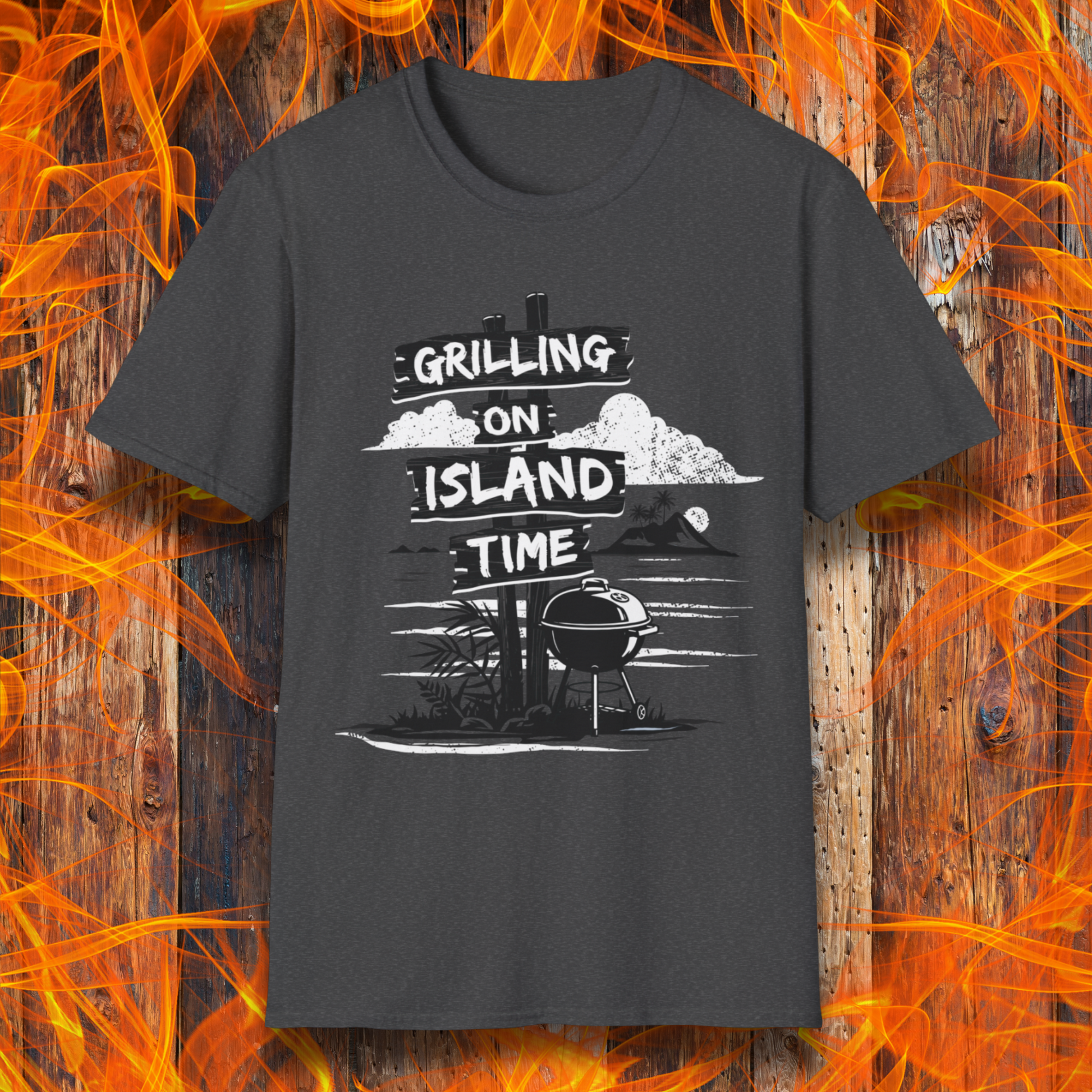 Dark Grey t-shirt with 'Grilling on Island Time' graphic design on a wooden background with flames.