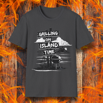 Dark Grey t-shirt with 'Grilling on Island Time' graphic design on a wooden background with flames.