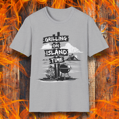 Gray t-shirt with 'Grilling on Island Time' graphic design on a wooden background with flames.