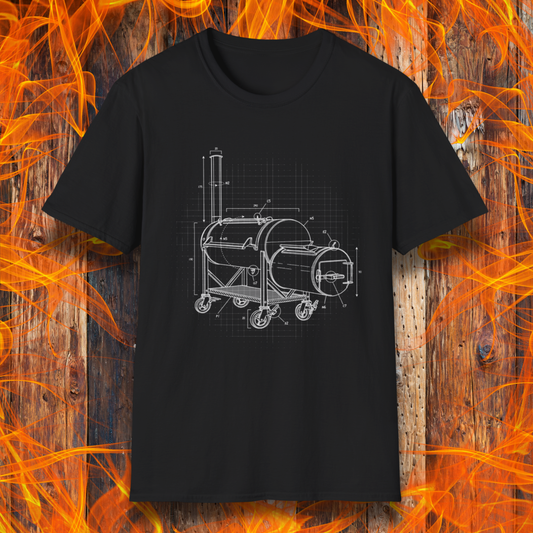 Black t-shirt with white barbecue grill design on a wooden background with flames.