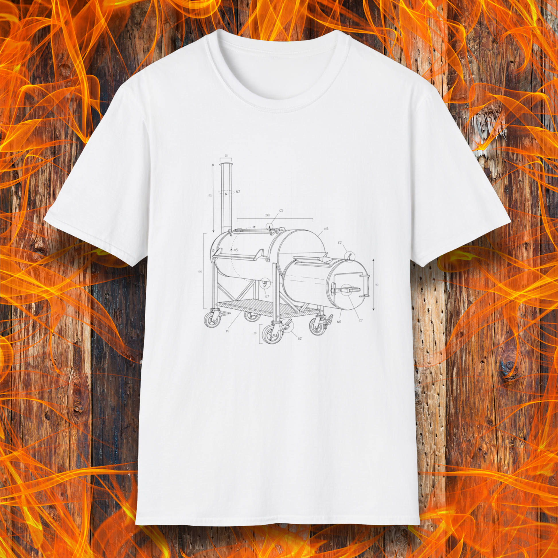 White t-shirt with barbecue grill design on a wooden background with flames