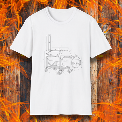 White t-shirt with barbecue grill design on a wooden background with flames