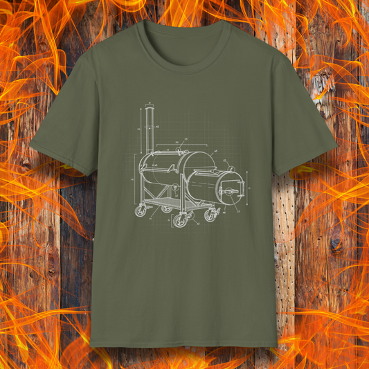 Green t-shirt with barbecue grill design on a wooden background with flames
