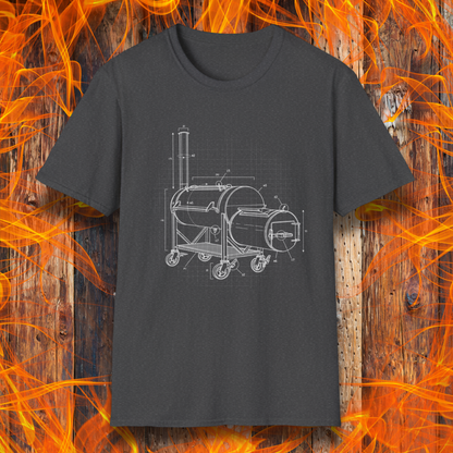 Black t-shirt with barbecue grill design on a wooden background with flames