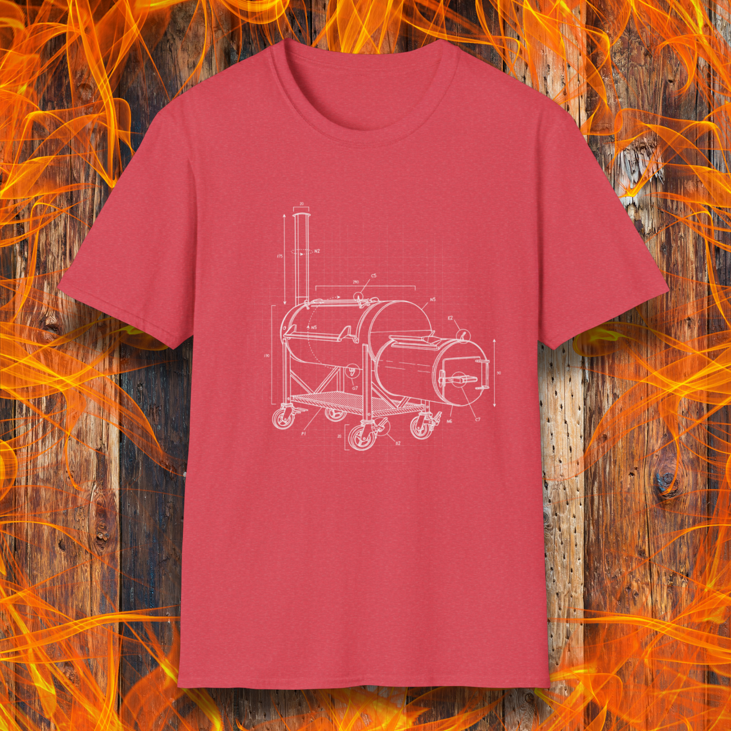 Red t-shirt with barbecue grill design on a wooden background with flames