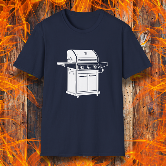 Navy blue t-shirt with a white grill graphic on a wooden background with flames.