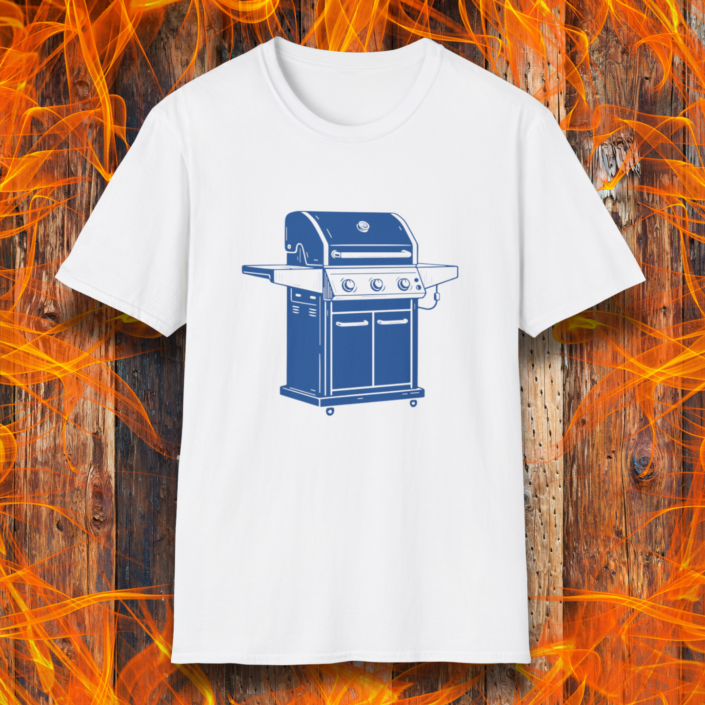 White t-shirt with a blue grill graphic on a wooden background with flames