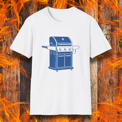 White t-shirt with a blue grill graphic on a wooden background with flames