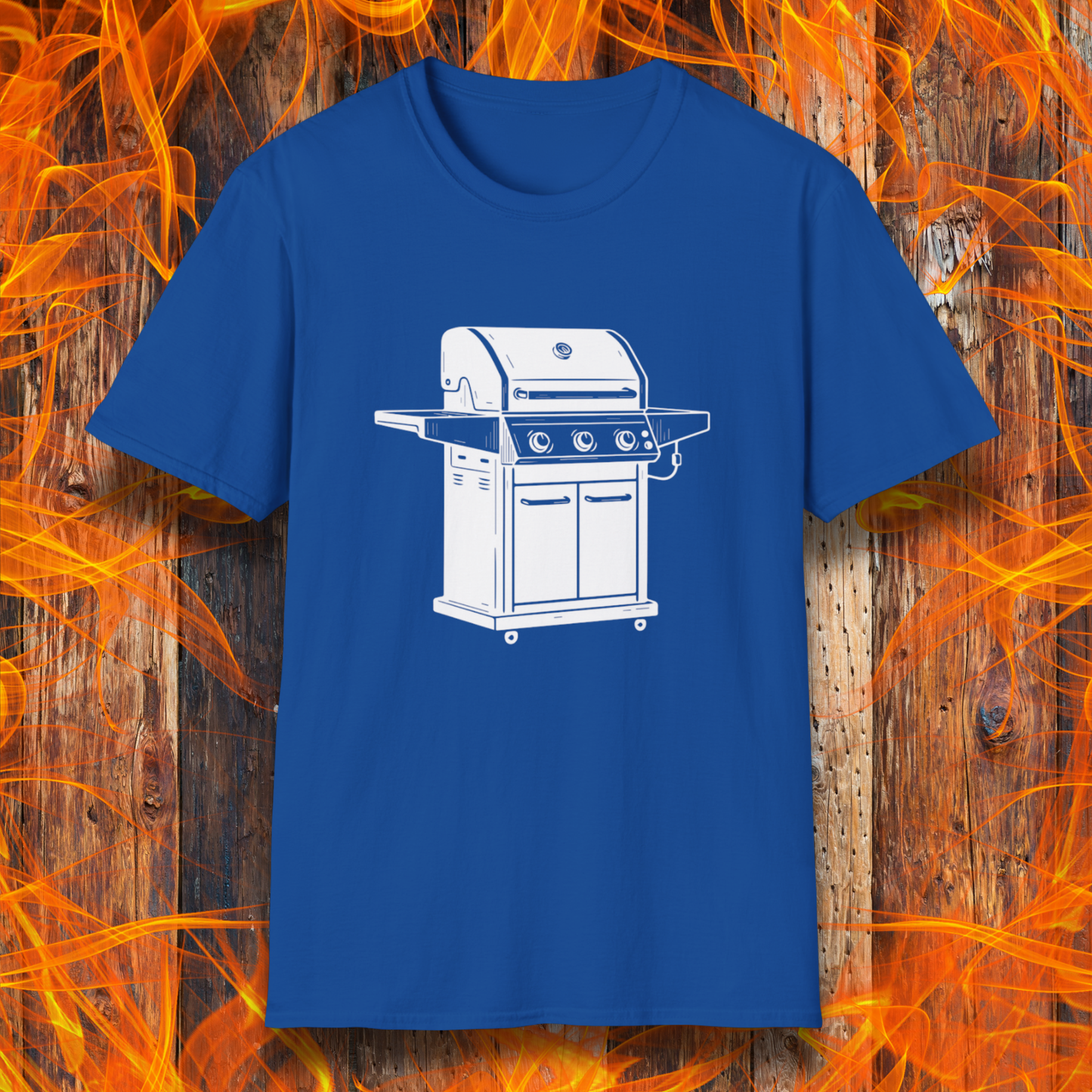 Blue t-shirt with a white grill graphic on a wooden background with flames.
