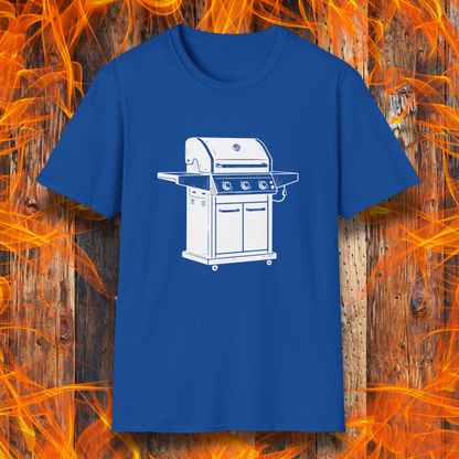 Blue t-shirt with a white grill graphic on a wooden background with flames.