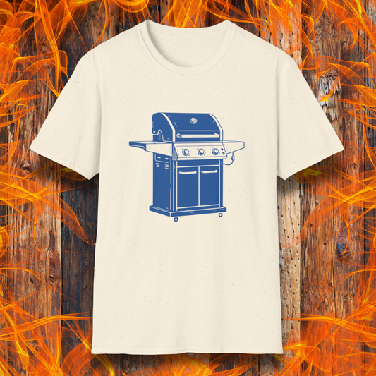 Beige t-shirt with a blue grill graphic on a wooden background with flames