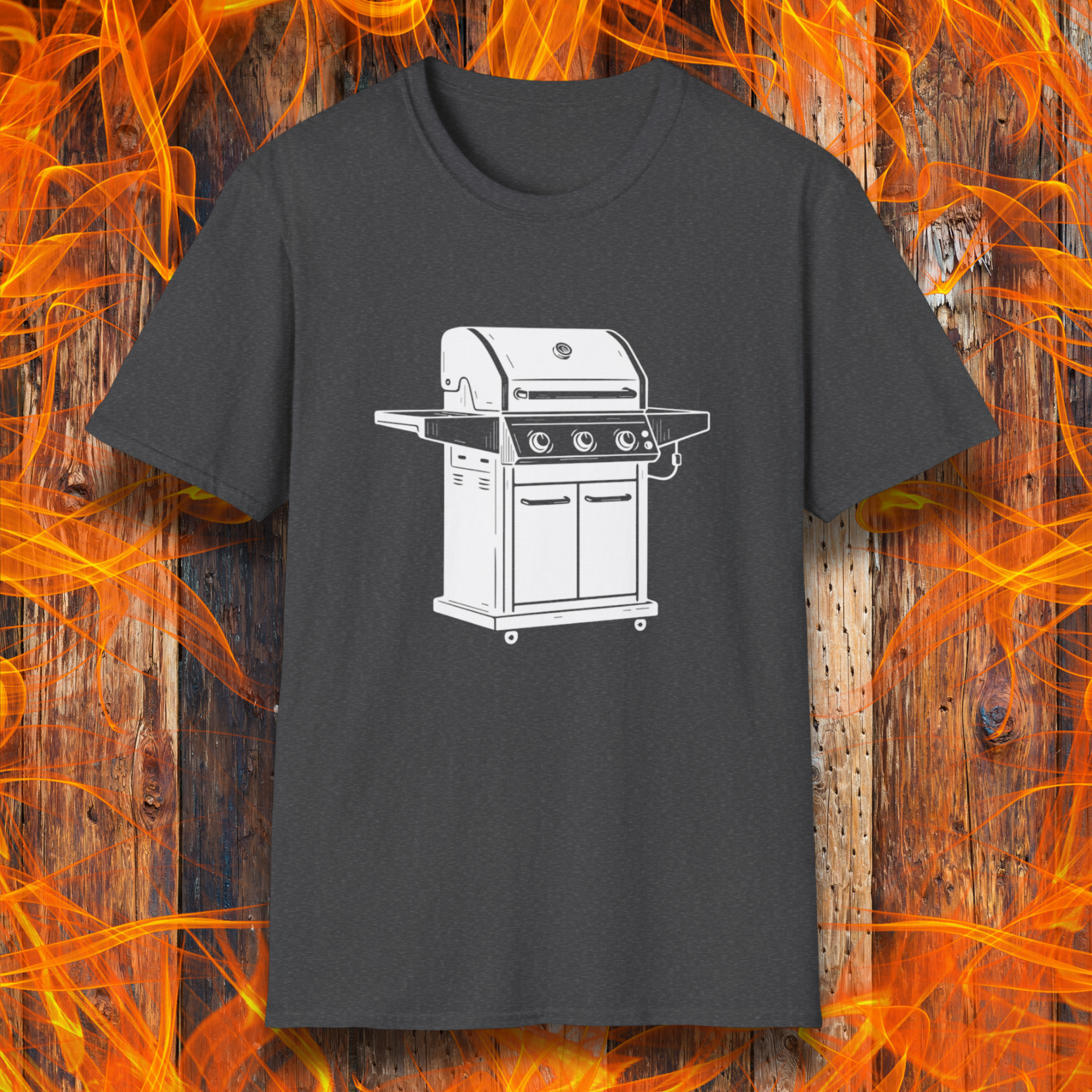 Dark Grey t-shirt with a white grill graphic on a wooden background with flames.
