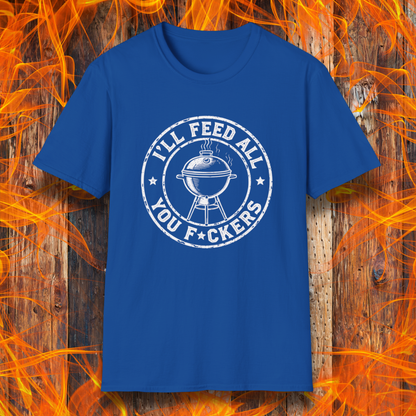 Blue t-shirt with graphic design on a wooden background with flames