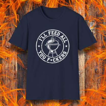 Navy blue t-shirt with white graphic and text on a fiery background