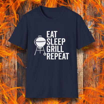 Navy blue t-shirt with 'Eat Sleep Grill Repeat' text and grill graphic on a fiery background