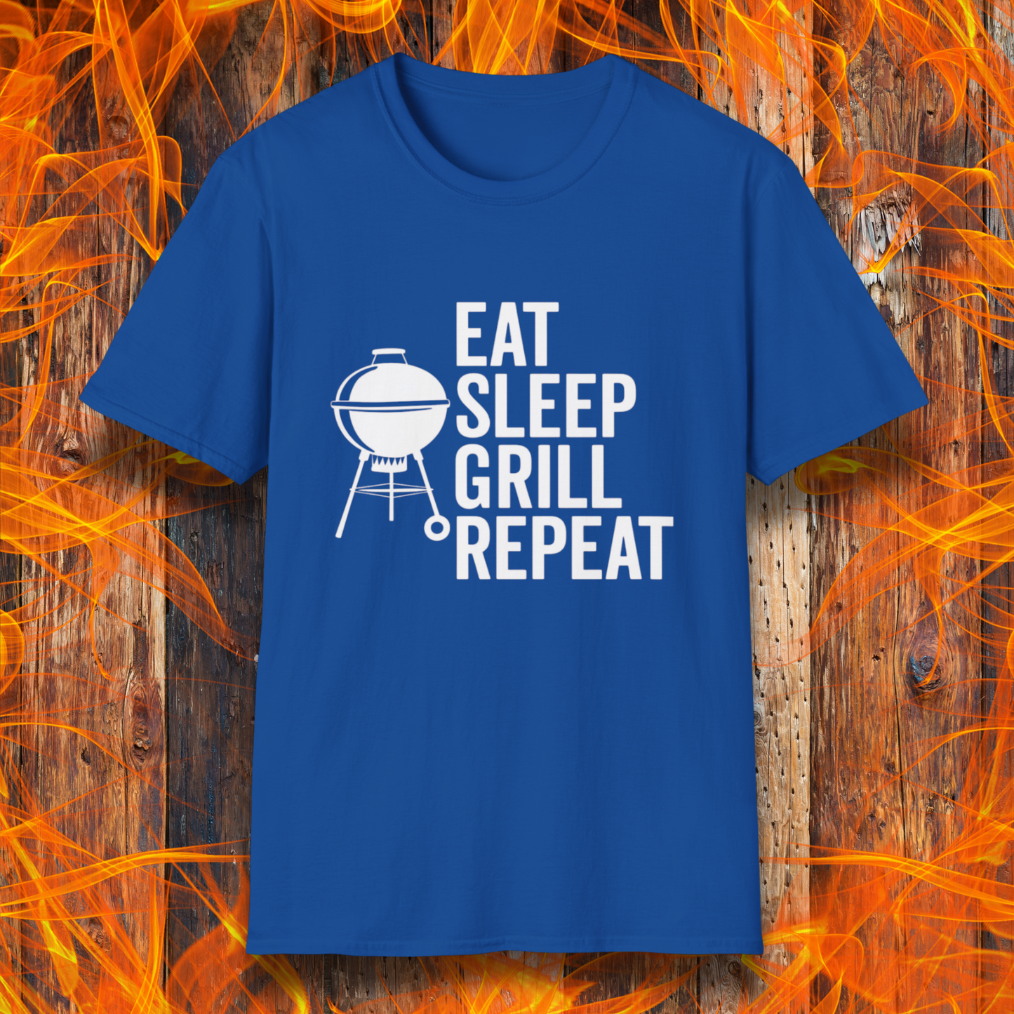 Blue t-shirt with 'Eat Sleep Grill Repeat' text and grill graphic on a fiery background