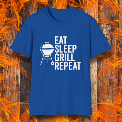 Blue t-shirt with 'Eat Sleep Grill Repeat' text and grill graphic on a fiery background