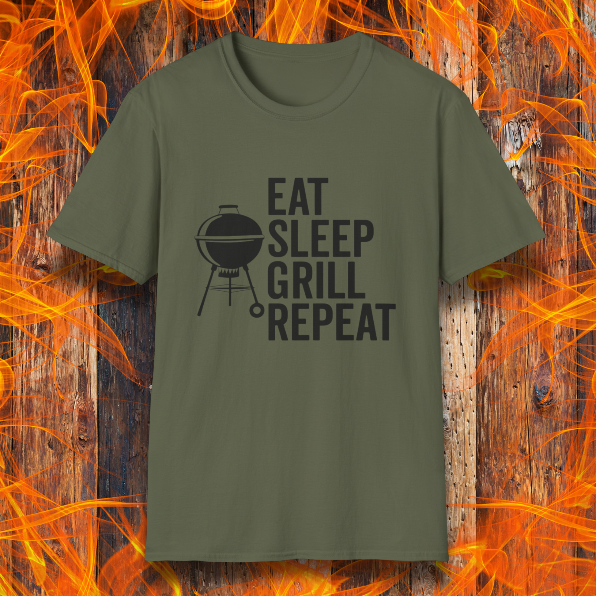 Green t-shirt with 'Eat Sleep Grill Repeat' text and grill icon on a fiery background