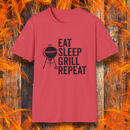 Red t-shirt with 'Eat Sleep Grill Repeat' text and grill icon on a wooden background with flames.