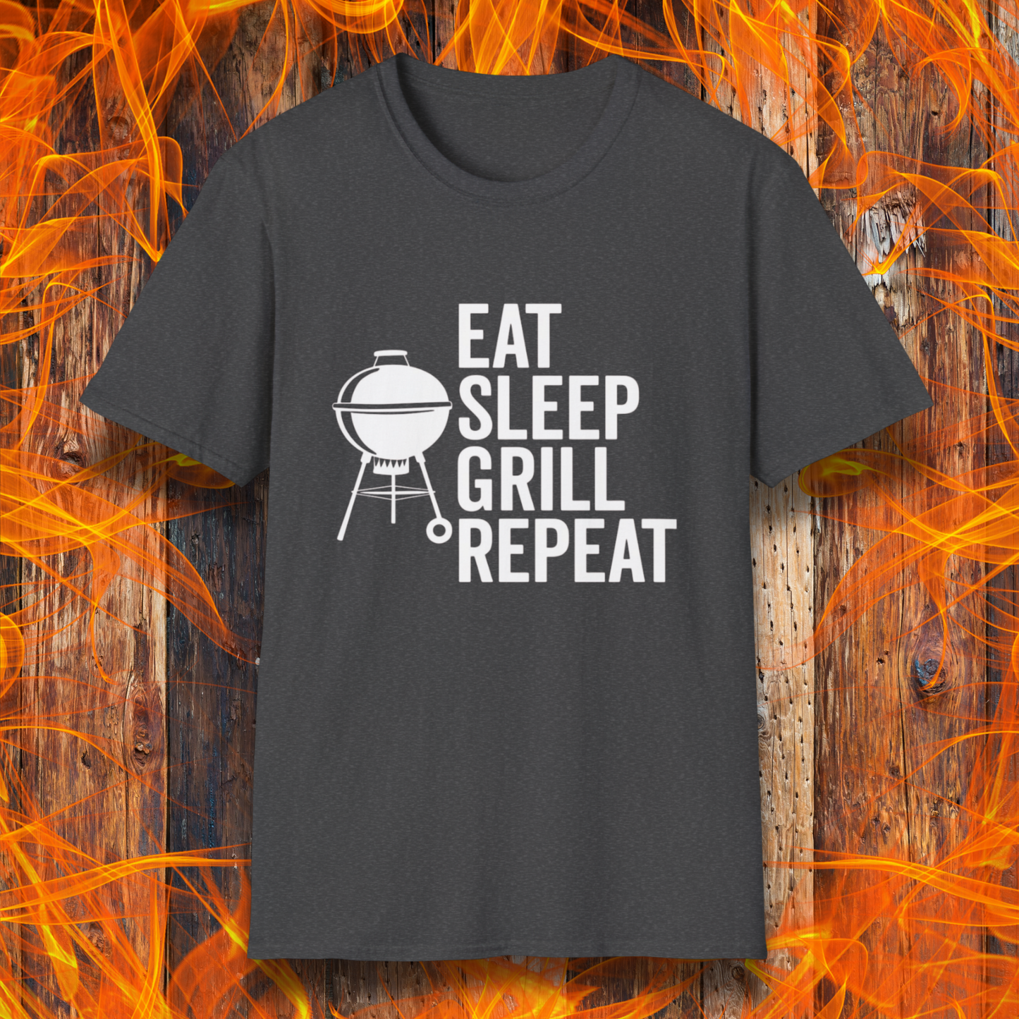 Black t-shirt with 'Eat Sleep Grill Repeat' text and grill graphic on a fiery background