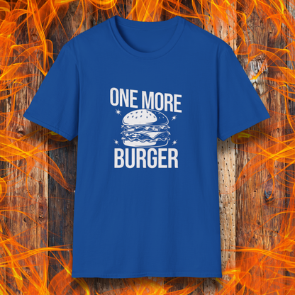 Blue t-shirt with 'One More Burger' graphic on a fiery background