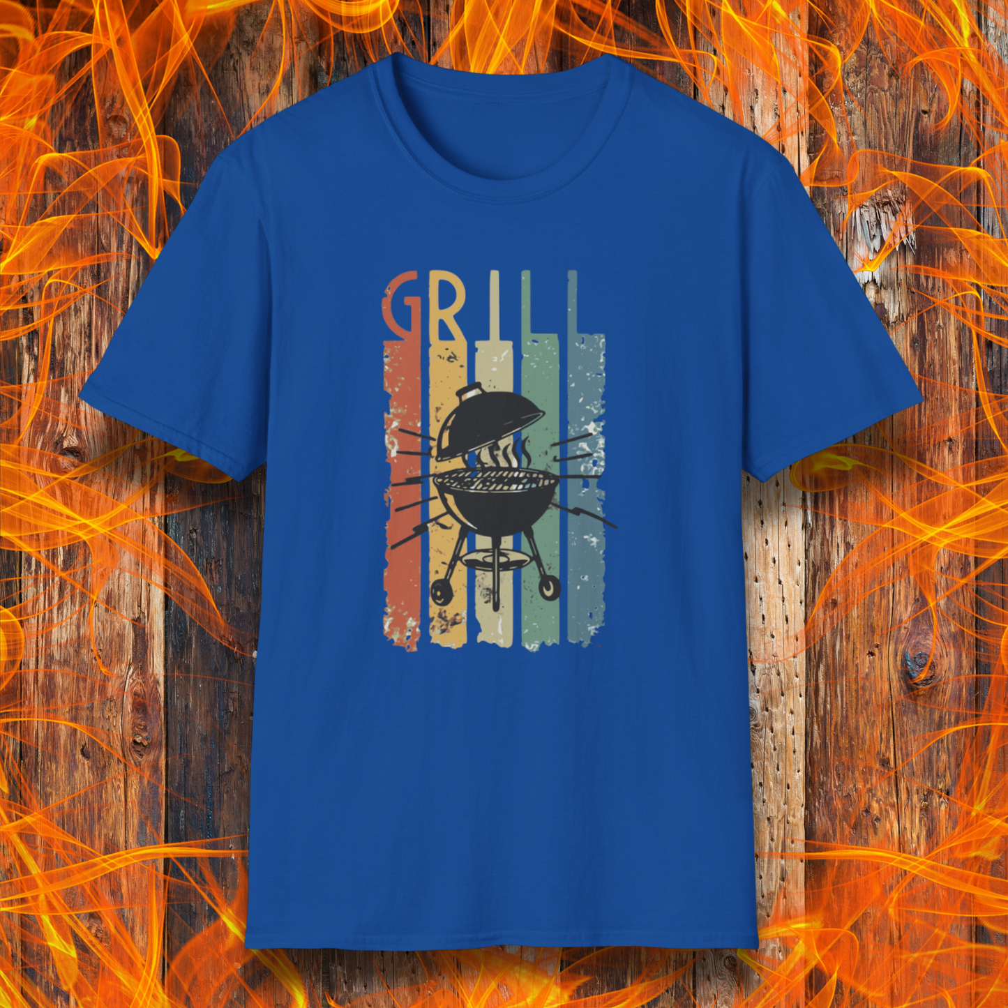 Blue t-shirt with grill graphic on a wooden background with flames