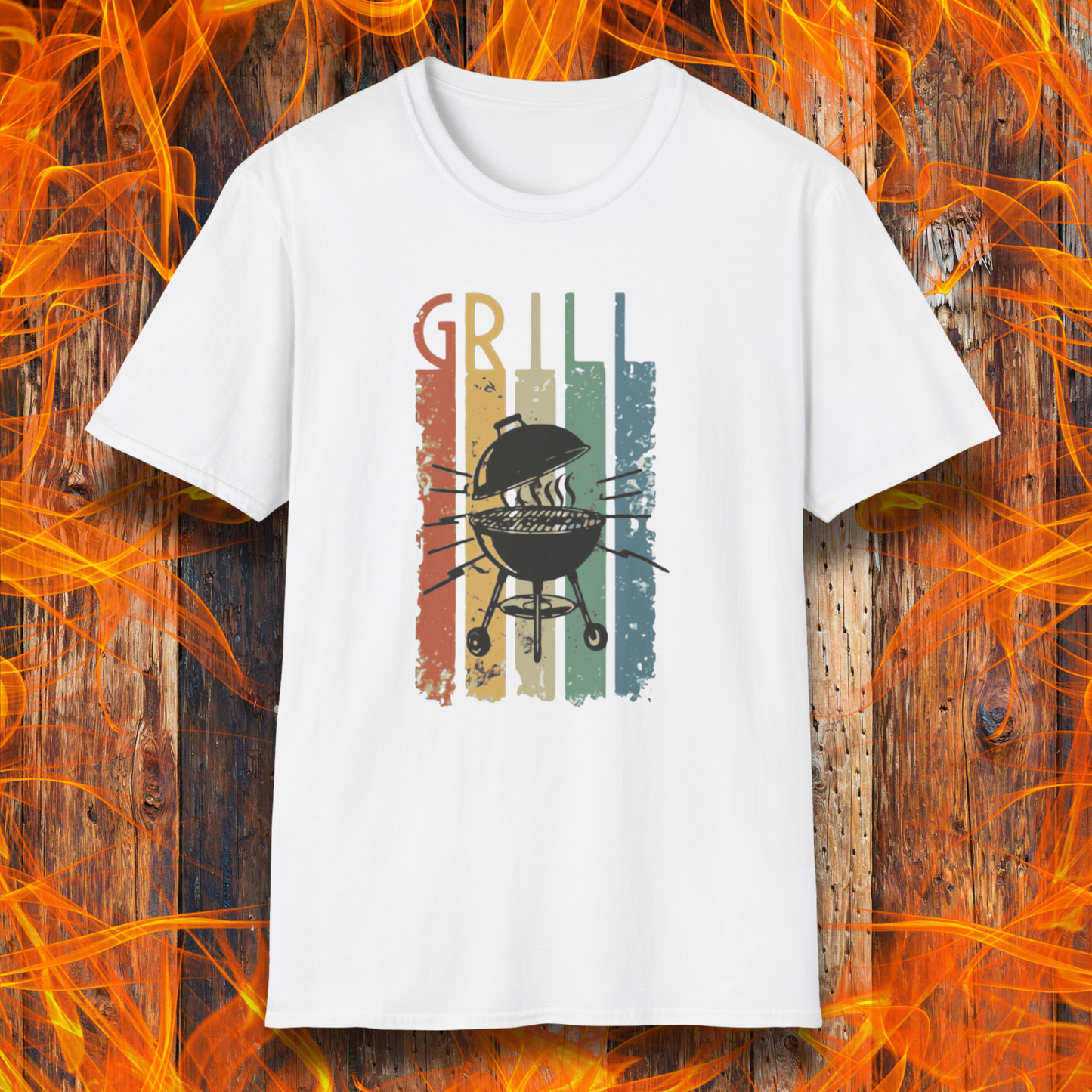 White t-shirt with grill graphic and 'GRILL' text on a wooden background with flames.