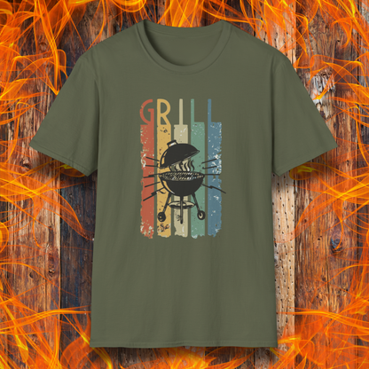 Green t-shirt with grill graphic and 'GRILL' text on a fiery background