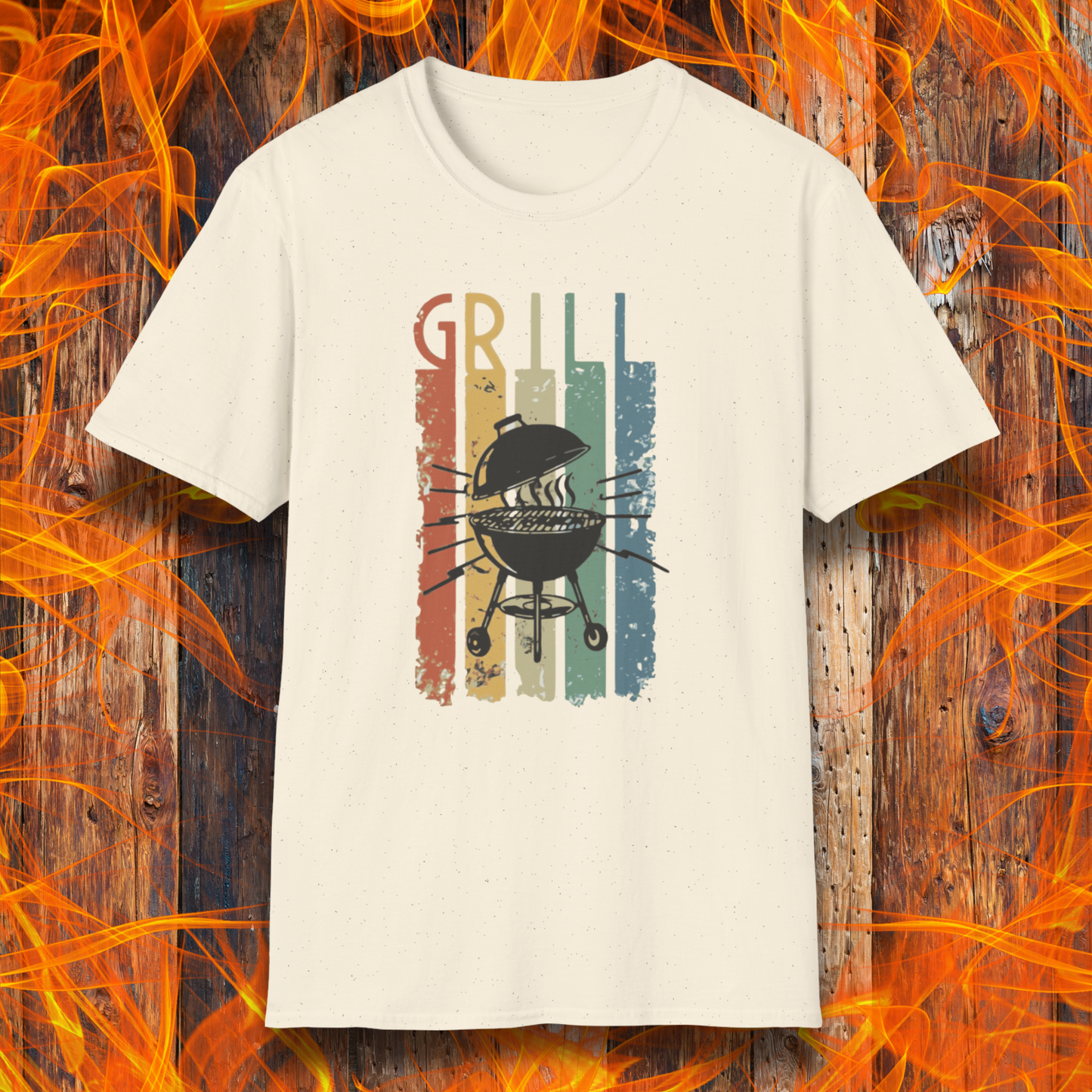 Beige t-shirt with grill graphic and 'GRILL' text on a fiery background