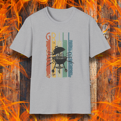 Gray t-shirt with grill graphic and 'Grill' text on a fiery background