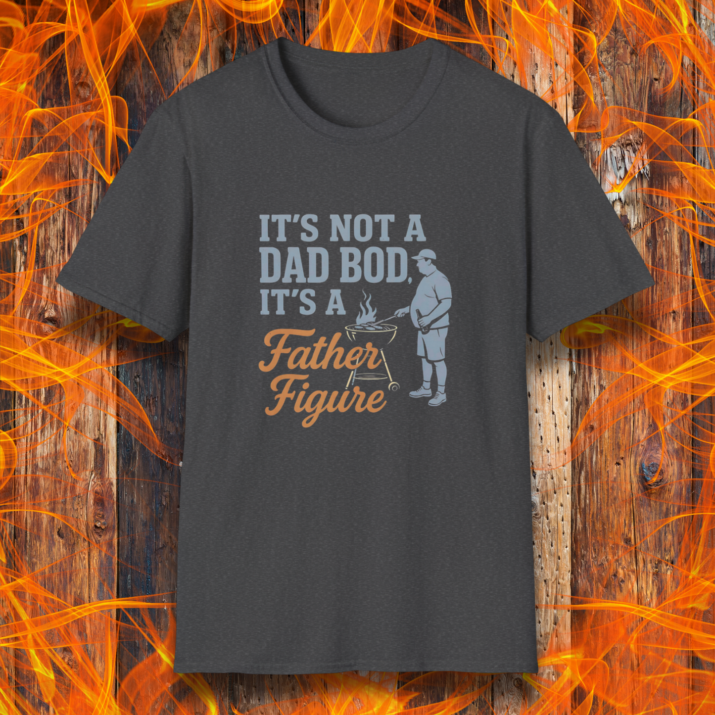 Dark Grey t-shirt with humorous text and graphic on a fiery background