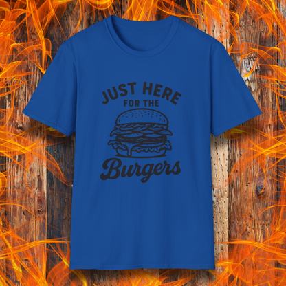 Blue t-shirt with 'Just Here for the Burgers' text and graphic on a fiery background