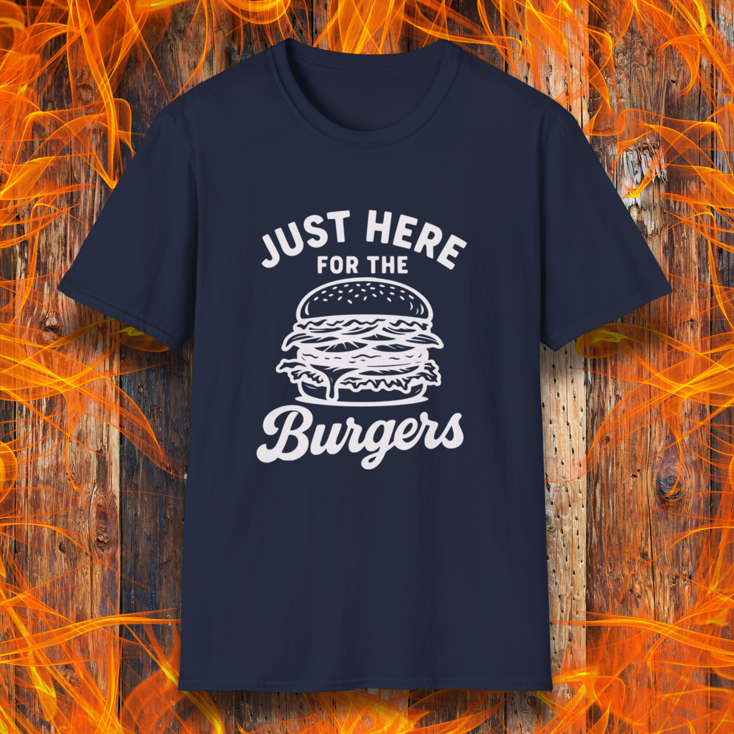 Navy blue t-shirt with 'Just Here for the Burgers' text and graphic on a fiery background