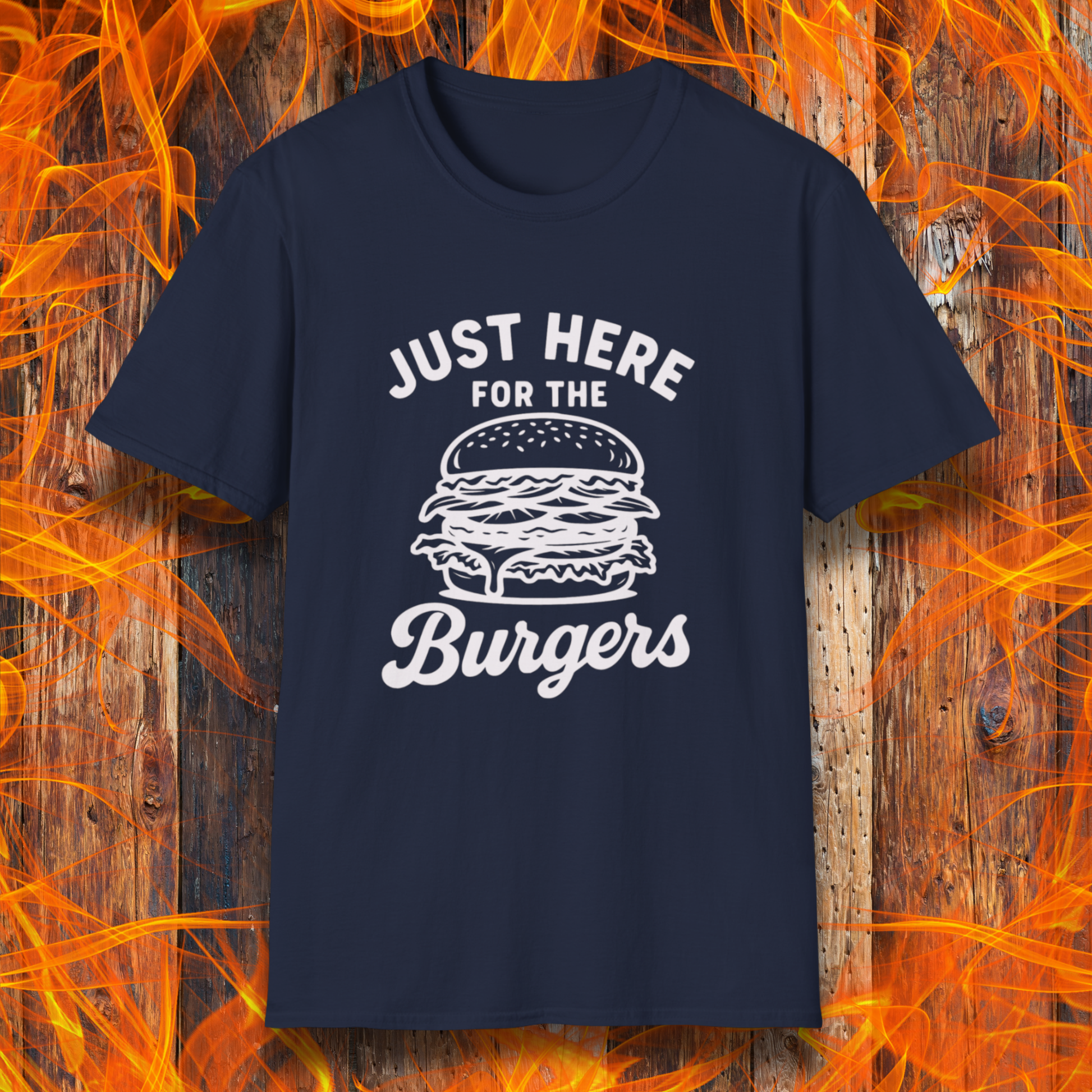 Navy blue t-shirt with 'Just Here for the Burgers' text and graphic on a fiery background