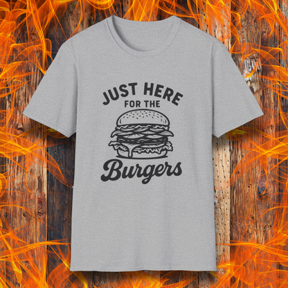 Gray t-shirt with 'Just Here for the Burgers' text and graphic on a fiery background