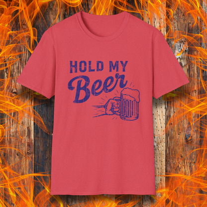Red t-shirt with 'Hold My Beer' graphic on a wooden background with flames.