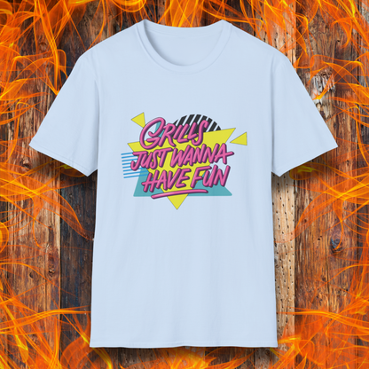 White t-shirt with colorful text design on a wooden background with flames